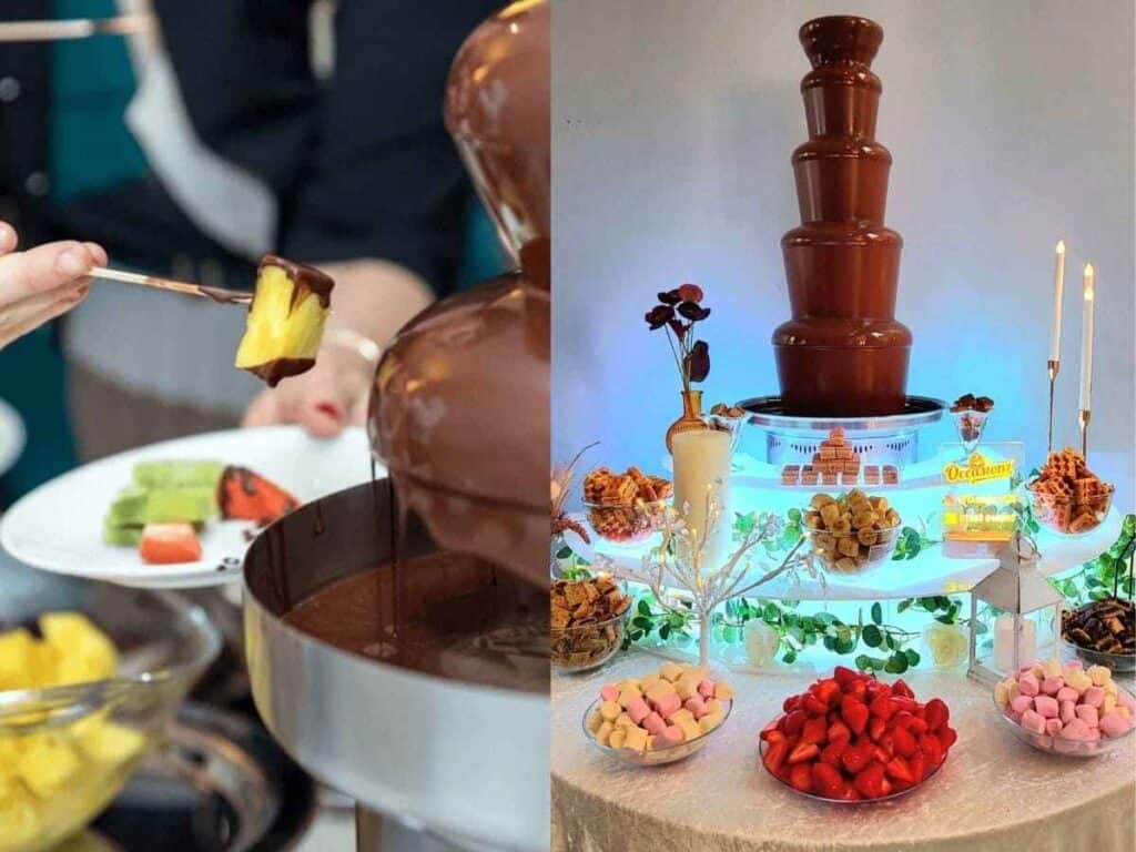 Chocolate fountain with fruit skewers
