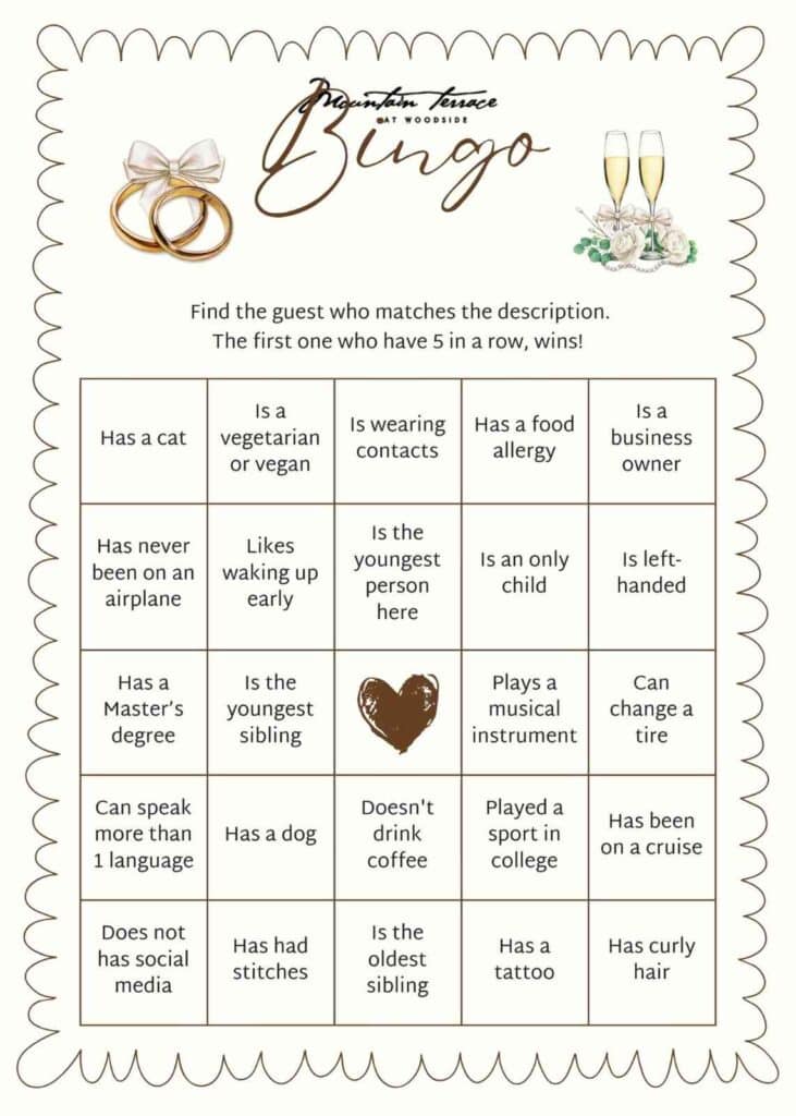 Wedding bingo with fun prompts