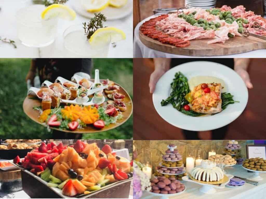 Colorful buffet with appetizers, main course, desserts, and cocktails.