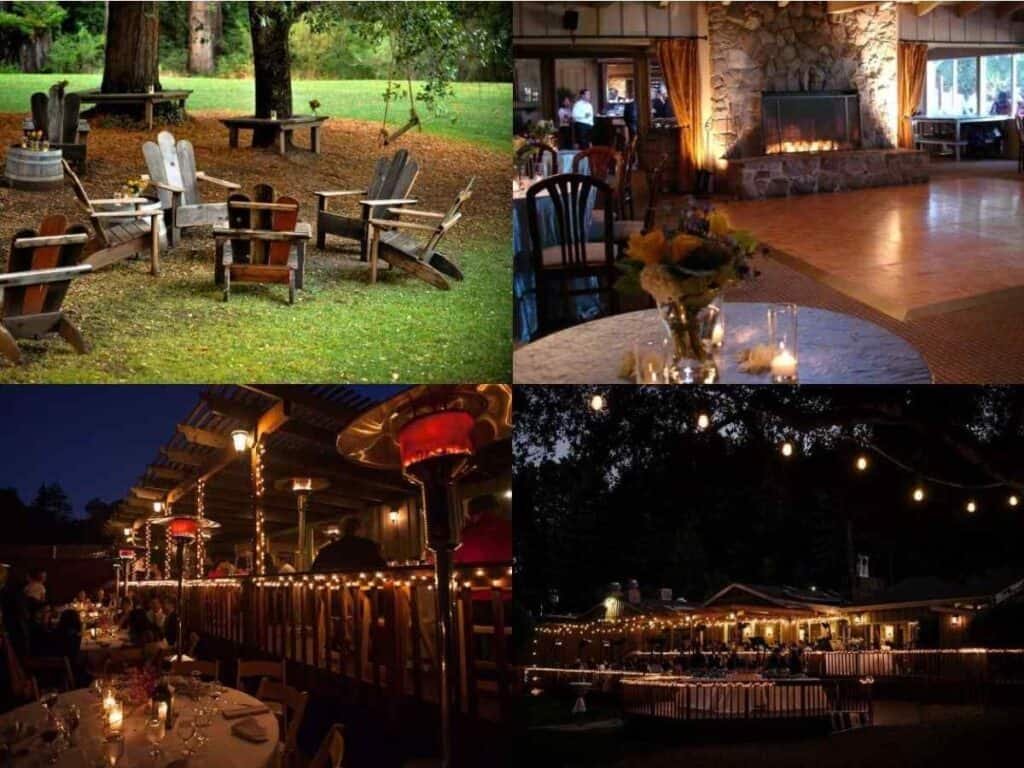 Indoor and outdoor venue setups for a corporate holiday party.