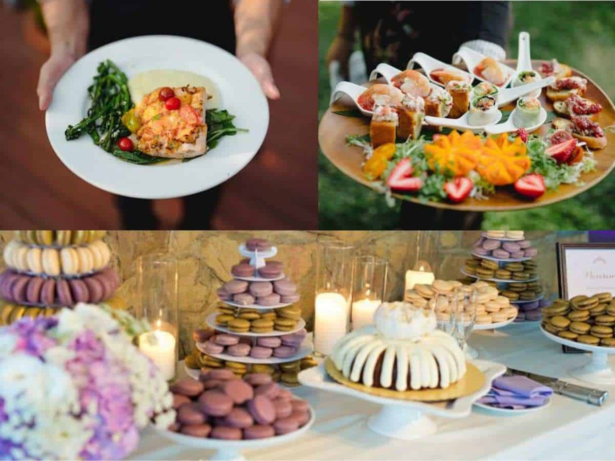Event catering with plated meals, appetizers, and desserts