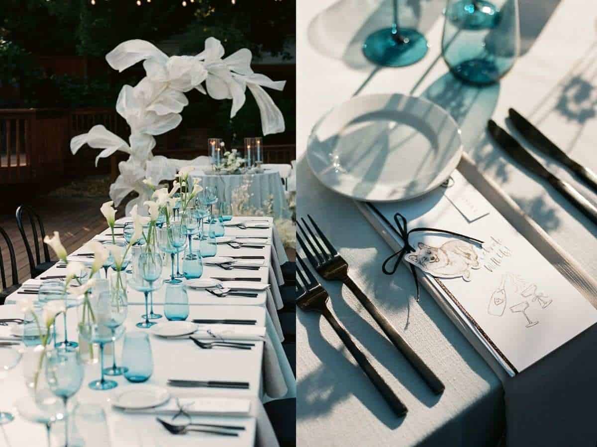 Family-style wedding reception table setup