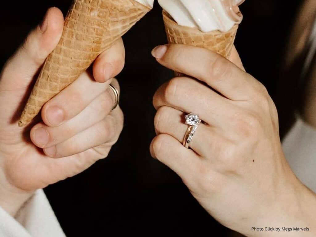 Bride and groom cheers with ice cream cones