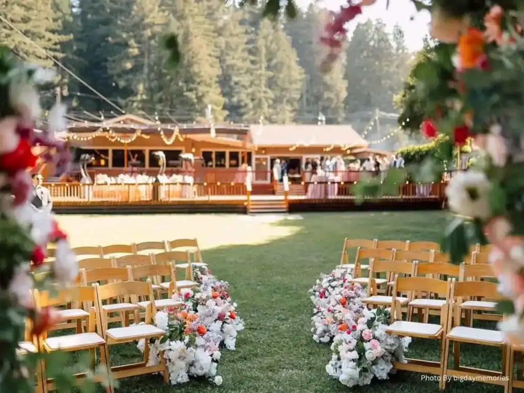 Outdoor wedding ceremony with floral aisle and wooden chairs on a lawn before a lodge 