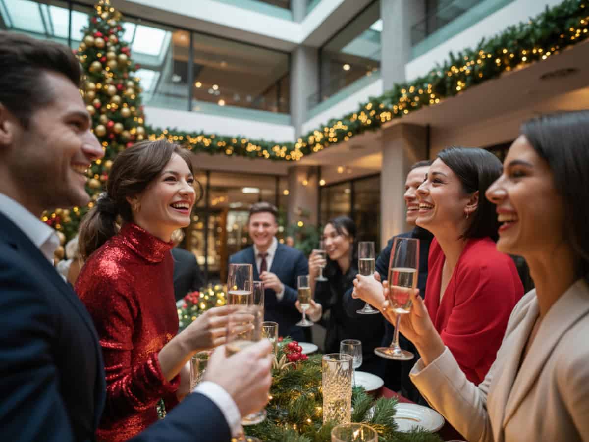 Corporate holiday party with coworkers celebrating over drinks and dinner in a festive setting